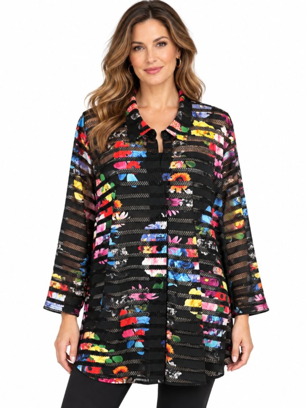 Ali Miles Tunic Size 3X Floral Stripe Semi Sheer Button Front Black Relaxed